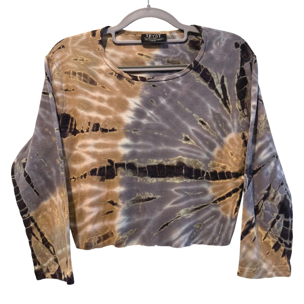 TRYST by Mathew‎ Tie Dye Long Sleeve Crop Top Womens Large Brown Gray Purple